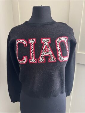 Vigoss Black Crewneck Sweater with Pink-Outlined Leopard 'CIAO'